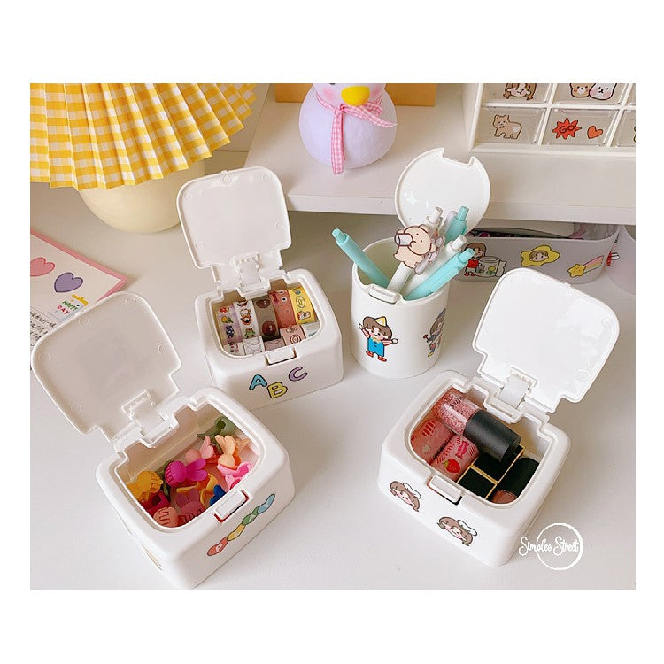 Korean Mini Cotton Swabs Storage Box Trash Push Flap Desktop Organizer Stationery Pencil Makeup Holder