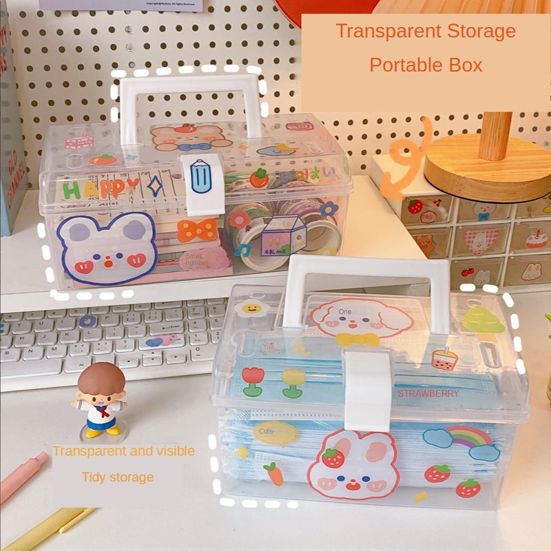 Portable Transparent  Storage Box Desktop Stationery Cosmetic Mask Box Handle with Cover