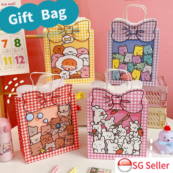 Korean Kraft Paper Gift Bag Cute Cartoon BowGoodie Bags Christmas Gift Wrapping