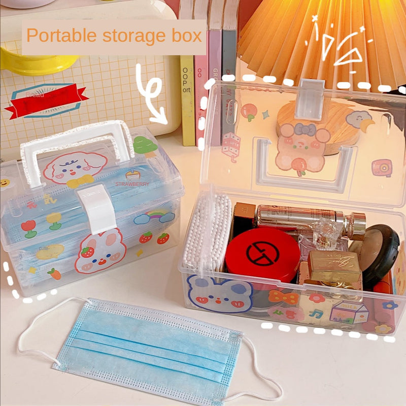 Portable Transparent  Storage Box Desktop Stationery Cosmetic Mask Box Handle with Cover