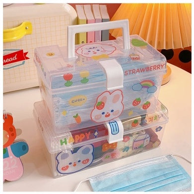 Portable Transparent  Storage Box Desktop Stationery Cosmetic Mask Box Handle with Cover