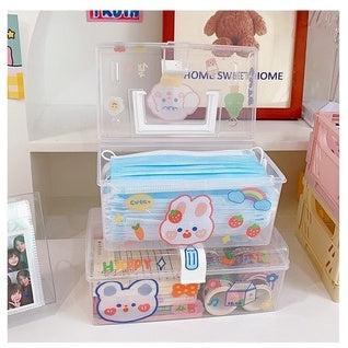 Portable Transparent  Storage Box Desktop Stationery Cosmetic Mask Box Handle with Cover