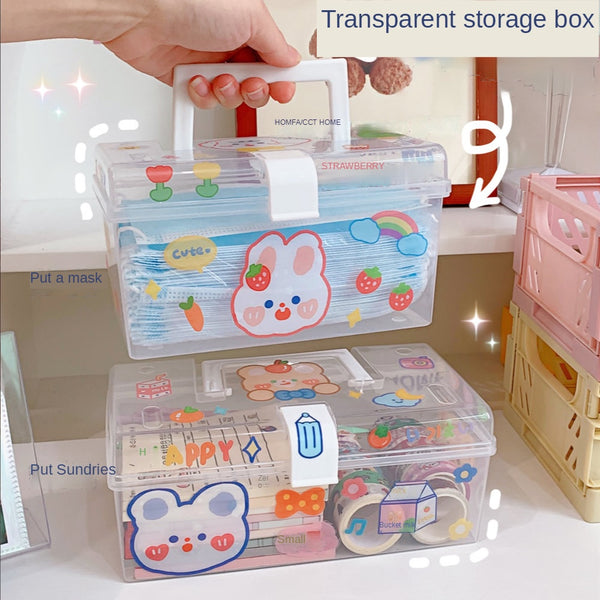 Portable Transparent  Storage Box Desktop Stationery Cosmetic Mask Box Handle with Cover