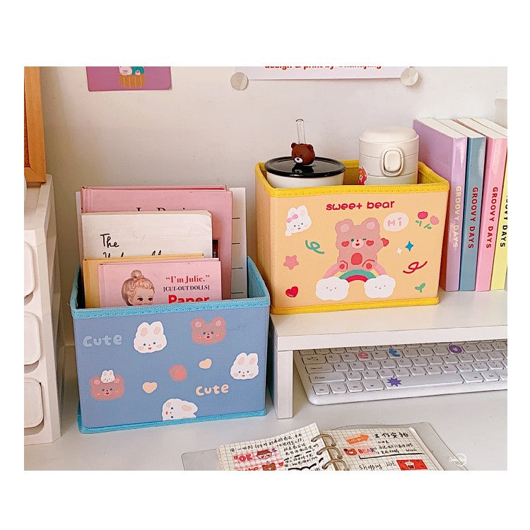 Foldable Storage Box Fabric Storage Basket Cute Cartoon Bear Rabbit Desktop Organizer