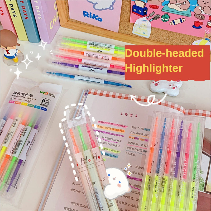 6pcs/Set Double-Headed Highlighter Fluorescent Pen Key Notes Portable Color Marker
