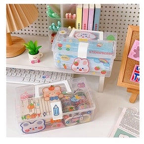 Portable Transparent  Storage Box Desktop Stationery Cosmetic Mask Box Handle with Cover