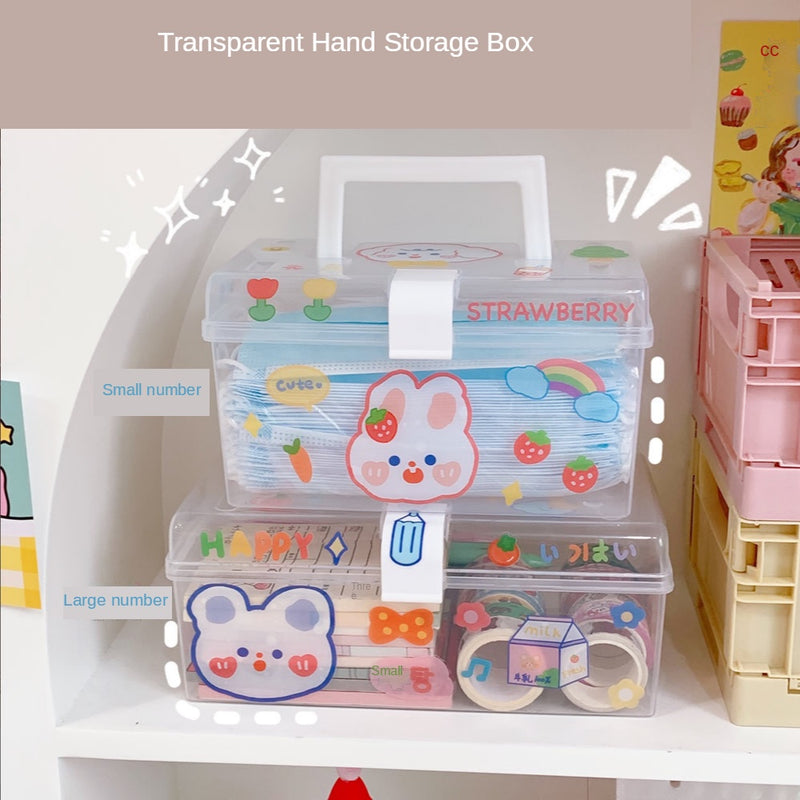 Portable Transparent  Storage Box Desktop Stationery Cosmetic Mask Box Handle with Cover